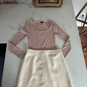 J. Crew Bundle Pink Long Sleeve Ribbed Top and Cream Fully Lined Wool Skirt Set